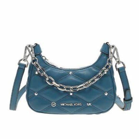 New Michael Kors Cora Extra-Small Quilted Shoulder Bag Mini Zip Pouchette Teal - Picture 1 of 6